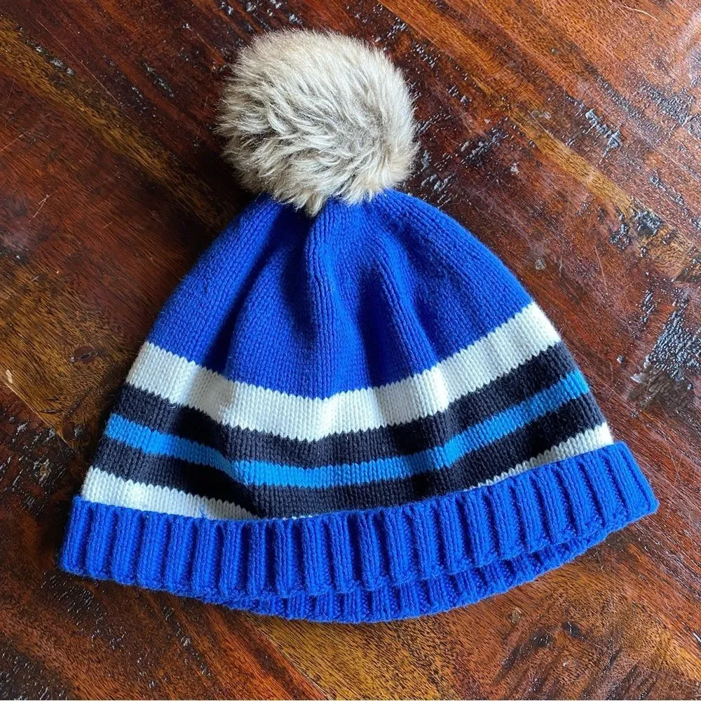 Hanna Andersson Blue and White Striped Pom-Pom Hat size M 3-6 years